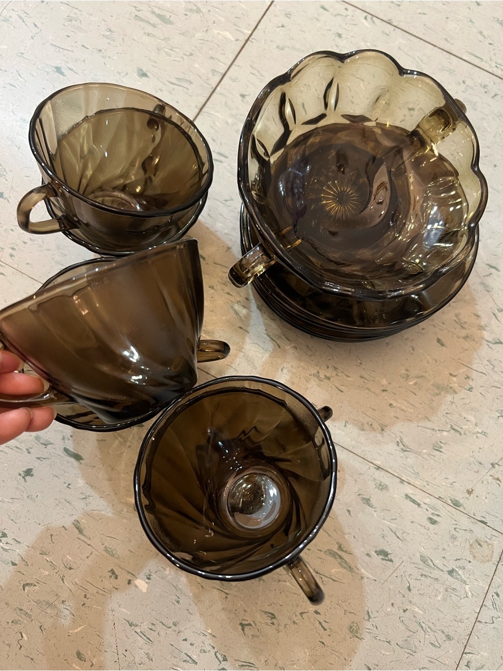 Smoky Glass Tea Cups and Matching Bowl Set